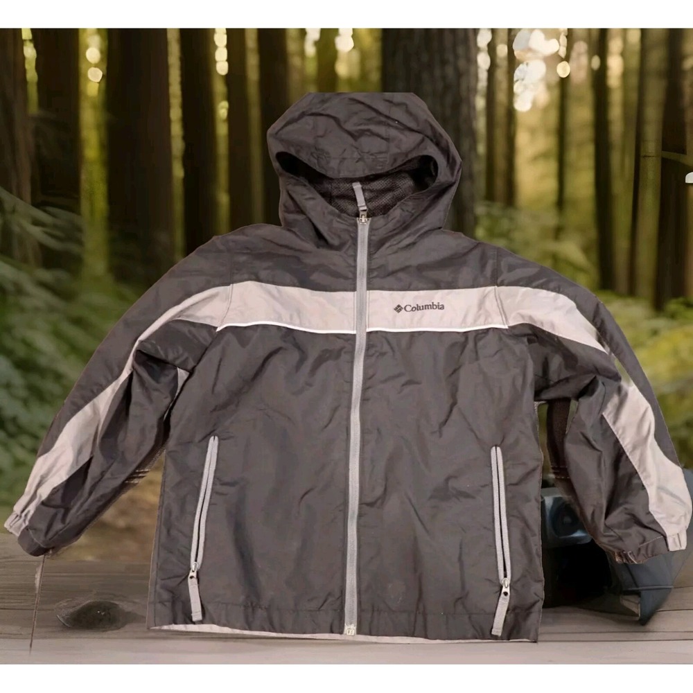 Columbia Windbreaker Jacket Boys Size S Black Grey Excellent Hooded Full Zip